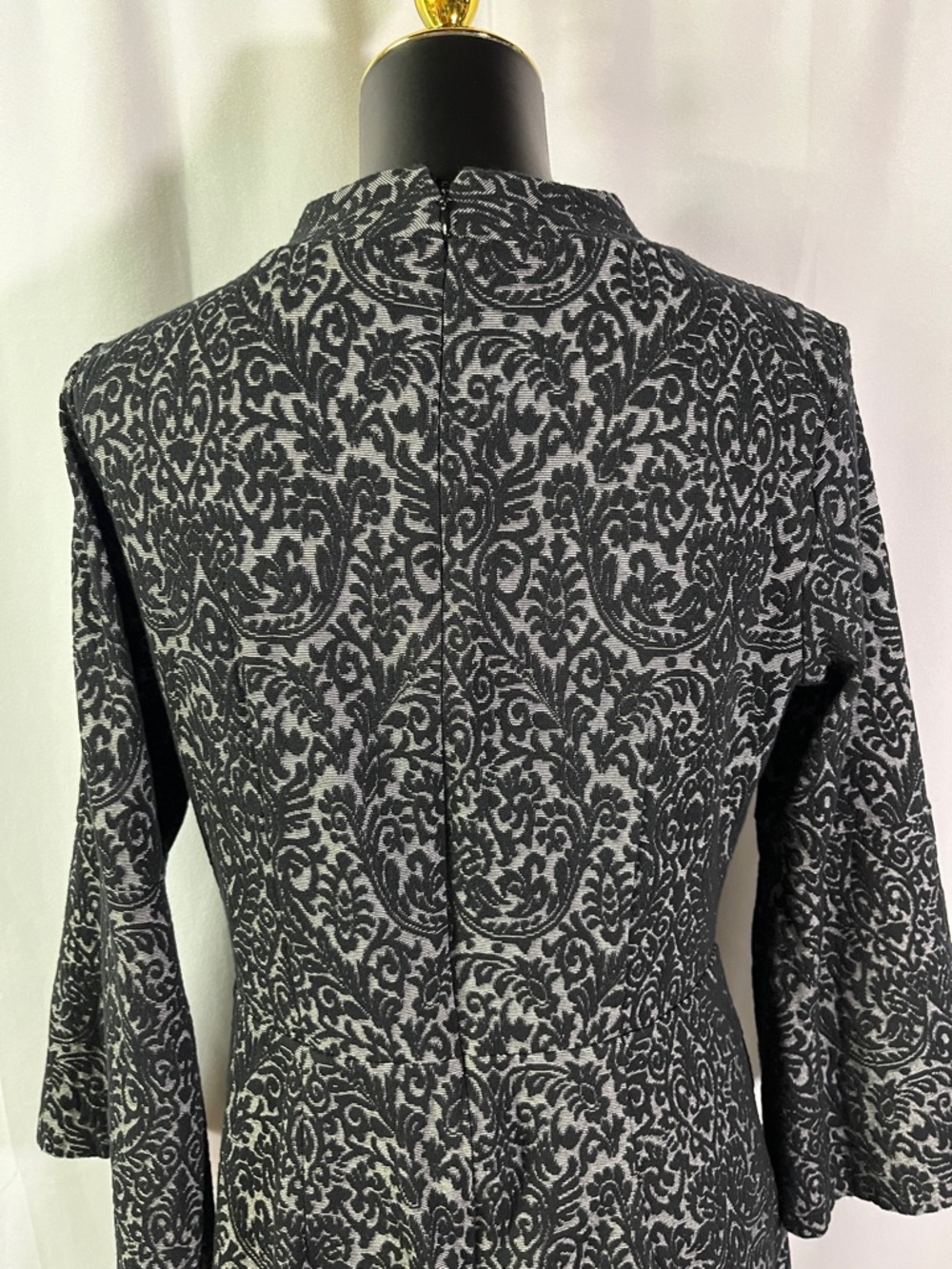 LOFT Black & Gray Jacquard Floral 3/4 Sleeve A-Line Dress - Picture 10 of 16